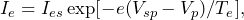 \begin{equation*} I_e = I_{es}\exp[-e(V_{sp}-V_p)/T_e],\end{equation*}