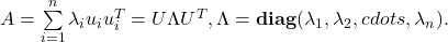 A = \sum\limits_{i=1}^n \lambda_i u_i u_i^T = U\Lambda U^T, \Lambda = {\bf diag}(\lambda_1, \lambda_2, cdots, \lambda_n).