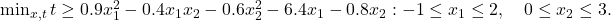 \min _{x,t} t \geq 0.9 x_1^2-0.4 x_1 x_2-0.6 x_2^2-6.4 x_1-0.8 x_2:-1 \leq x_1 \leq 2, \quad 0 \leq x_2 \leq 3 .