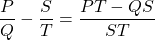 Rendered by QuickLaTeX.com \displaystyle{ \frac{P}{Q} - \frac{S}{T} = \frac{P T - Q S }{ST} }