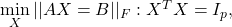 \min\limits_{X} ||AX=B||_F: X^TX = I_p,