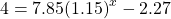 \,4=7.85{\left(1.15\right)}^{x}-2.27\,