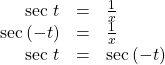 \begin{array}{ccc}\hfill \text{sec }t& =& \frac{1}{x}\hfill \\ \hfill \text{sec}\left(-t\right)& =& \frac{1}{x}\hfill \\ \hfill \text{sec }t& =& \text{sec}\left(-t\right)\hfill \end{array}