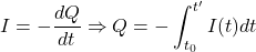 \[I = - \frac{dQ}{dt} \Rightarrow Q = - \int ^{t'}_{t_0} I(t) dt\]