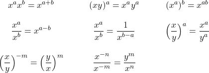 \[ \begin{matrix} x^a x^b = x^{a+b} \qquad & (x y)^a= x^a y^a \qquad & (x^a)^b= x^{ab} \\ \\ \displaystyle{ \frac{x^a}{x^b}= x^{a-b}} \qquad & \displaystyle{ \frac{x^a}{x^b}= \frac{1}{ x^{b-a}} } \qquad & \displaystyle{ \Big( \frac{x}{y}\Big)^a = \frac{x^a}{y^a}}\\ \\ \displaystyle{ \Big(\frac{x}{y}\Big)^{-m}= \Big(\frac{y}{x}\Big)^{m}} \qquad & \displaystyle{ \frac{x^{-n}}{x^{-m}}= \frac{y^m}{ x^{n}} } \qquad & \end{matrix} \]