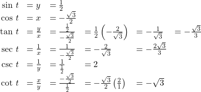 \begin{array}{cccccc}\hfill \text{sin }t& =y\hfill & =\frac{1}{2}\hfill & & & \\ \hfill \text{cos }t& =x\hfill & =-\frac{\sqrt{3}}{2}\hfill & & & \\ \hfill \text{tan }t& =\frac{y}{x}\hfill & =\frac{\frac{1}{2}}{-\frac{\sqrt{3}}{2}}\hfill & =\frac{1}{2}\left(-\frac{2}{\sqrt{3}}\right)\hfill & =-\frac{1}{\sqrt{3}}\hfill & =-\frac{\sqrt{3}}{3}\hfill \\ \hfill \text{sec }t& =\frac{1}{x}\hfill & =\frac{1}{-\frac{\sqrt{3}}{2}}\hfill & =-\frac{2}{\sqrt{3}}\hfill & =-\frac{2\sqrt{3}}{3}\hfill & \\ \hfill \text{csc }t& =\frac{1}{y}\hfill & =\frac{1}{\frac{1}{2}}\hfill & =2\hfill & & \\ \hfill \text{cot }t& =\frac{x}{y}\hfill & =\frac{-\frac{\sqrt{3}}{2}}{\frac{1}{2}}\hfill & =-\frac{\sqrt{3}}{2}\left(\frac{2}{1}\right)\hfill & =-\sqrt{3}\hfill & \end{array}