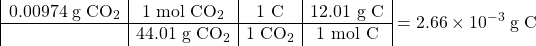 \[ \begin{array}{|c|c|c|c|} \mathrm{0.00974\; g\; CO_2} &\mathrm{ 1\; mol\; CO_2} &\textrm{1 C}& \textrm{12.01 g C} \\ \hline & \mathrm{44.01\; g\; CO_2} &\mathrm{1\;CO_2}&\textrm{1 mol C}\end{array} \mathrm{\;= 2.66 \times 10^{-3}\; g\; C}\]