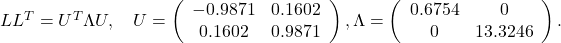 L L^T=U^T \Lambda U, \quad U=\left(\begin{array}{cc} -0.9871 & 0.1602 \\ 0.1602 & 0.9871 \end{array}\right), \Lambda=\left(\begin{array}{cc} 0.6754 & 0 \\ 0 & 13.3246 \end{array}\right).