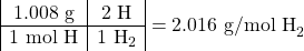 \[\begin{array}{|c|c|} \textrm{1.008 g} & \textrm{2 H} \\ \hline \textrm{1 mol H} & \textrm{1 H}_2\end{array} = 2.016 \textrm{ g/mol H}_2\]