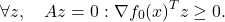 \[\forall z, \quad A z=0: \nabla f_0(x)^T z \geq 0 .\]