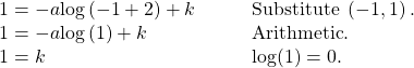 \begin{array}{ll}1=-a\mathrm{log}\left(-1+2\right)+k\,\,\,\,\,\,\,\,\,\,\,\,\hfill & \text{Substitute }\left(-1,1\right).\hfill \\ 1=-a\mathrm{log}\left(1\right)+k\hfill & \text{Arithmetic}.\hfill \\ 1=k\hfill & \text{log(1)}=0.\hfill \end{array}