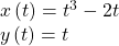 \begin{array}{l}x\left(t\right)={t}^{3}-2t\\ y\left(t\right)=t\end{array}