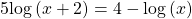 \,5\mathrm{log}\left(x+2\right)=4-\mathrm{log}\left(x\right)\,