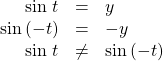 \begin{array}{ccc}\hfill \text{sin }t& =& y\hfill \\ \hfill \text{sin}\left(-t\right)& =& -y\hfill \\ \hfill \text{sin }t& \ne & \text{sin}\left(-t\right)\end{array}