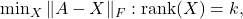 \min _X\|A-X\|_F: \operatorname{rank}(X)=k,