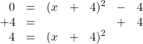 \[\begin{array}{rrrrrrr} 0&=&(x&+&4)^2&-&4 \\ +4&=&&&&+&4 \\ \midrule 4&=&(x&+&4)^2&& \\ \end{array}\]