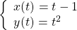 \left\{\begin{array}{l}x(t)=t-1\hfill \\ y(t)={t}^{2}\hfill \end{array}