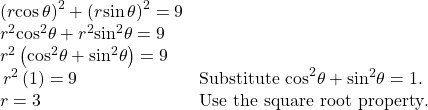 \begin{array}{ll}\text{ }{\left(r\mathrm{cos}\,\theta \right)}^{2}+{\left(r\mathrm{sin}\,\theta \right)}^{2}=9\hfill & \hfill \\ \text{ }{r}^{2}{\mathrm{cos}}^{2}\theta +{r}^{2}{\mathrm{sin}}^{2}\theta =9\hfill & \hfill \\ \text{ }{r}^{2}\left({\mathrm{cos}}^{2}\theta +{\mathrm{sin}}^{2}\theta \right)=9\hfill & \hfill \\ \,\text{ }{r}^{2}\left(1\right)=9 \hfill & {\text{Substitute cos}}^{2}\theta +{\mathrm{sin}}^{2}\theta =1.\hfill \\ \text{ }r=±3\begin{array}{cccc}& & & \end{array}\hfill & \text{Use the square root property}.\hfill \end{array}