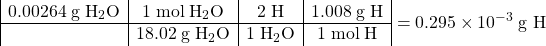 \[ \begin{array}{|c|c|c|c|} \mathrm{0.00264 \; g\; H_2O} & \mathrm{1\; mol\; H_2O} &\mathrm{ 2\; H} &\mathrm{ 1.008\; g\; H} \\ \hline & \mathrm{18.02\; g\; H_2O} &\mathrm{ 1\;  H_2O} &\mathrm{ 1\; mol\;H}\end{array}  \mathrm{\;= 0.295 \times 10^{-3} \;g\; H}\]