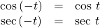 \begin{array}{ccc}\hfill \mathrm{cos}\left(-t\right)& =& \text{cos }t\\ \mathrm{sec}\left(-t\right)& =& \text{sec }t\hfill \end{array}