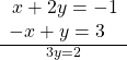  \frac{\begin{array}{l}\hfill \\ \,x+2y=-1\hfill \\ -x+y=3\hfill \end{array}}{\text{}\text{}\text{}\text{}\text{}3y=2}