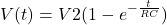 \begin{equation*}   V(t) = V2 (1 - e^{- \frac{t}{RC}})       \end{equation*}