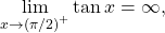 \underset{x\to {(\pi \text{/}2)}^{+}}{\text{lim}} \tan x=\text{−}\infty ,