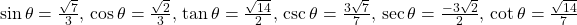 \sin \theta =\frac{\sqrt{7}}{3}, \, \cos \theta =\frac{−\sqrt{2}}{3}, \, \tan \theta =\frac{−\sqrt{14}}{2}, \, \csc \theta =\frac{3\sqrt{7}}{7}, \, \sec \theta =\frac{-3\sqrt{2}}{2}, \, \cot \theta =\frac{−\sqrt{14}}{7}