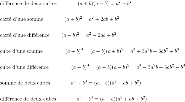 \begin{eqnarray*} && \hbox{différence  de deux carrés} \qquad \qquad (a+ b) (a-b) = a^2 - b^2 \\ \\ && \hbox{carré d'une somme} \qquad \qquad (a+b)^2 = a^2 + 2 a b + b^2 \\ \\ && \hbox{carré d'une différence } \qquad (a-b)^2 = a^2 - 2 a b + b^2 \\ \\ && \hbox{cube d'une somme } \qquad \qquad (a+b)^3 = (a+b) (a+b)^2  = a^3 + 3 a^2 b + 3 a b^2 + b^3 \\ \\ &&\hbox{cube d'une différence } \qquad \qquad (a-b)^3 = (a-b) (a-b)^2  = a^3 - 3 a^2 b + 3 a b^2 - b^3 \\ \\ &&\hbox{somme de deux cubes}\qquad\qquad a^3 +b^3 = (a+b) (a^2 - ab + b^2) \\ \\ && \hbox{différence de deux cubes}\qquad \qquad a^3 -  b^3 = (a-b) (a^2 + ab + b^2)  \end{eqnarray*}