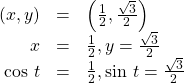 \begin{array}{ccc}\hfill \left(x,y\right)& =& \left(\frac{1}{2},\frac{\sqrt{3}}{2}\right)\hfill \\ \hfill x& =& \frac{1}{2},y=\frac{\sqrt{3}}{2}\hfill \\ \hfill \text{cos }t& =& \frac{1}{2},\text{sin }t=\frac{\sqrt{3}}{2}\hfill \end{array}