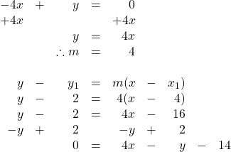 \begin{array}{rrrrrrrrr} \\ \\ \\ \\ \\ \\ \\ \\ \\ \\ -4x&+&y&=&0&&&& \\ +4x&&&&+4x&&&& \\ \midrule &&y&=&4x&&&& \\ &&\therefore m&=&4&&&& \\ \\ y&-&y_1&=&m(x&-&x_1)&& \\ y&-&2&=&4(x&-&4)&& \\ y&-&2&=&4x&-&16&& \\ -y&+&2&&-y&+&2&& \\ \midrule &&0&=&4x&-&y&-&14 \end{array}