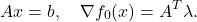 \[A x=b, \quad \nabla f_0(x)=A^T \lambda .\]