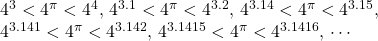 \begin{array}{l}4^3<4^{\pi}<4^4, \, 4^{3.1}<4^{\pi}<4^{3.2}, \, 4^{3.14}<4^{\pi}<4^{3.15},\\ 4^{3.141}<4^{\pi}<4^{3.142}, \, 4^{3.1415}<4^{\pi}<4^{3.1416}, \, \cdots \end{array}