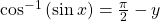 {\mathrm{cos}}^{-1}\left(\mathrm{sin}\,x\right)=\frac{\pi }{2}-y