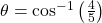 \,\theta ={\mathrm{cos}}^{-1}\left(\frac{4}{5}\right)\,