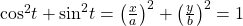 {\mathrm{cos}}^{2}t+{\mathrm{sin}}^{2}t={\left(\frac{x}{a}\right)}^{2}+{\left(\frac{y}{b}\right)}^{2}=1