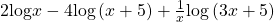 \,2\mathrm{log}x-4\mathrm{log}\left(x+5\right)+\frac{1}{x}\mathrm{log}\left(3x+5\right)\,