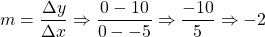 m=\dfrac{\Delta y}{\Delta x}\Rightarrow \dfrac{0-10}{0--5}\Rightarrow \dfrac{-10}{5}\Rightarrow -2