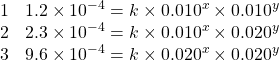 \[\begin{array}{ll} 1&1.2 \times10^{-4} = k  \times 0.010^x \times 0.010^y\\ 2&2.3 \times10^{-4} = k  \times 0.010^x \times 0.020^y\\ 3&9.6 \times10^{-4} = k  \times 0.020^x \times 0.020^y \end{array}\]