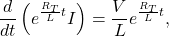 \[\frac{d}{dt} \left(  e^{\frac{R_T}{L} t} I     \right) = \frac{V}{L} e^{\frac{R_T}{L} t},\]