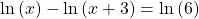 \mathrm{ln}\left(x\right)-\mathrm{ln}\left(x+3\right)=\mathrm{ln}\left(6\right)