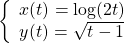 \left\{\begin{array}{l}x(t)=\text{log}(2t)\hfill \\ y(t)=\sqrt{t-1}\hfill \end{array}