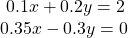  \begin{array}{l}\text{ }0.1x+0.2y=2\hfill \\ 0.35x-0.3y=0\hfill \end{array}