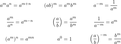 \begin{array}{ccc} a^ma^n=a^{m+n}\hspace{0.25in} &(ab)^m=a^mb^m\hspace{0.25in} &a^{-m}=\dfrac{1}{a^m} \\ \\ \dfrac{a^m}{a^n}=a^{m-n}&\left(\dfrac{a}{b}\right)=\dfrac{a^m}{b^m}&\dfrac{1}{a^{-m}}=a^m \\ \\ (a^m)^n=a^{mn}&a^0=1&\left(\dfrac{a}{b}\right)^{-m}=\dfrac{b^m}{a^m} \end{array}