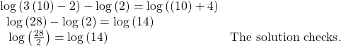 \begin{array}{ll}\mathrm{log}\left(3\left(10\right)-2\right)-\mathrm{log}\left(2\right)=\mathrm{log}\left(\left(10\right)+4\right)\hfill & \hfill \\ \text{ }\,\mathrm{log}\left(28\right)-\mathrm{log}\left(2\right)=\mathrm{log}\left(14\right)\hfill & \hfill \\ \text{ }\,\,\mathrm{log}\left(\frac{28}{2}\right)=\mathrm{log}\left(14\right)\hfill & \text{The solution checks}.\hfill \end{array}