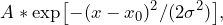 \begin{equation*} A * \exp[-(x-x_0)^2/(2\sigma^2)],\end{equation*}