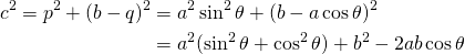 \begin{align*} c^2 = p^2 + (b - q)^2 &= a^2\sin^2\theta + (b - a\cos\theta)^2 \\ &= a^2(\sin^2\theta + \cos^2\theta) +b^2 - 2ab\cos\theta \end{align*}