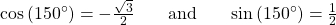 \begin{array}{ccc}\mathrm{cos}\left(150^{\circ}\right)=-\frac{\sqrt{3}}{2}& \phantom{\rule{1em}{0ex}}\text{and}\phantom{\rule{1em}{0ex}}& \mathrm{sin}\left(150^{\circ}\right)=\frac{1}{2}\end{array}