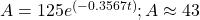 A=125{e}^{\left(-0.3567t\right)};A\approx 43\,