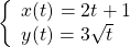 \left\{\begin{array}{l}x(t)=2t+1\hfill \\ y(t)=3\sqrt{t}\hfill \end{array}